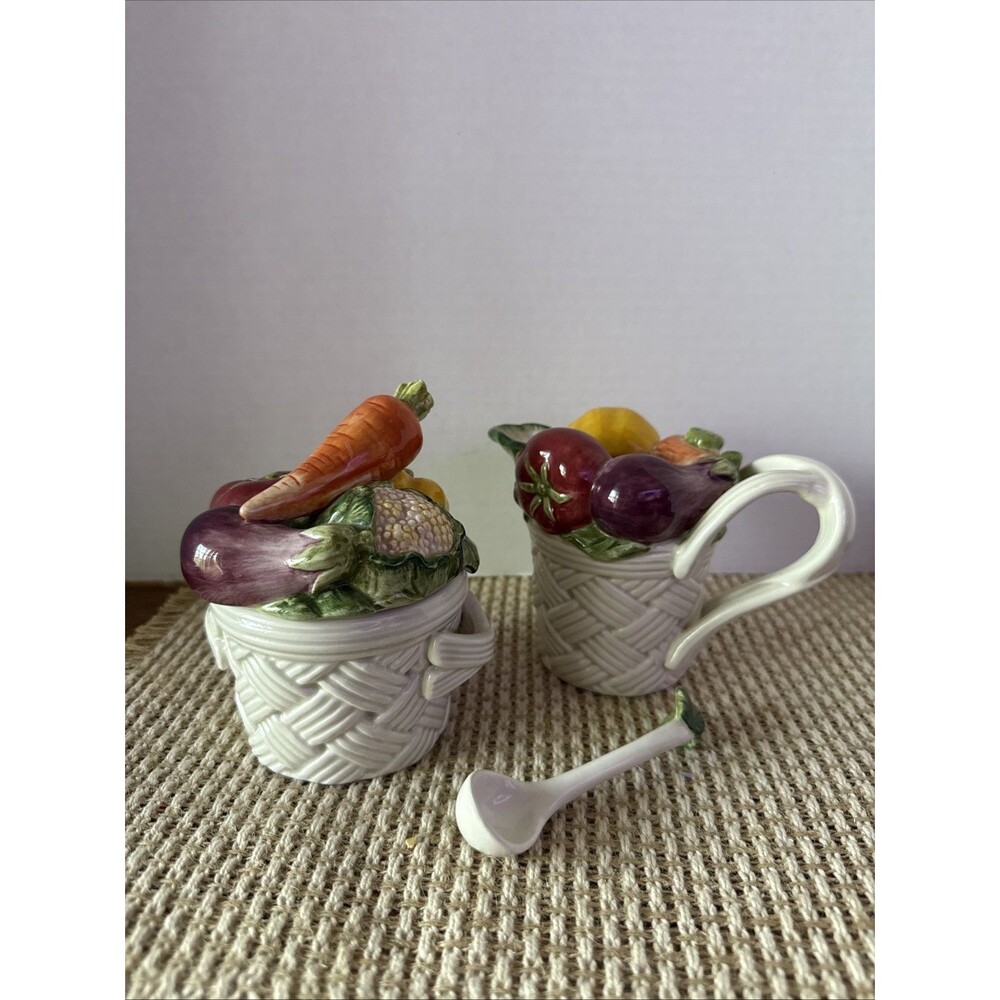 Fitz and Floyd Vegetable Garden Weave CREAM & SUGAR SET w/ Spoon 1995 Ceramic